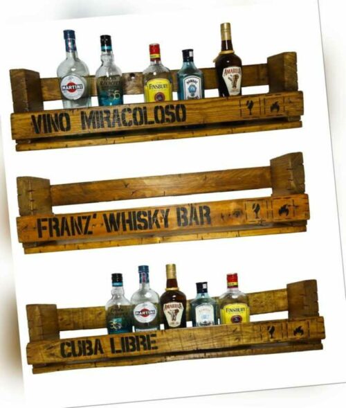 WuNSCHTeXT Flaschen Halter Regal Alkohol Schnaps Whisky Holz Gin Wein Bar Wand