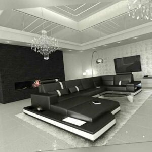 Ledersofa Design Couch MESSANA U Form Wohnlandschaft mit LED Beleuchtung Schwarz