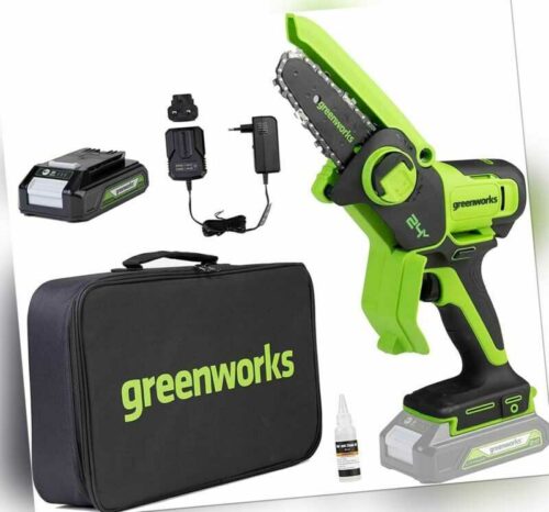 24V Akku Mini Kettensäge 10cm Greenworks G24MCS10 mit 2Ah Batterie und Ladegerät