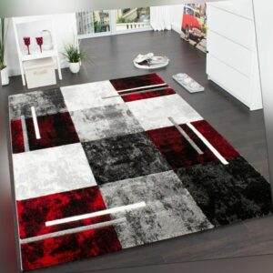 Designer Teppich Modern mit Konturenschnitt Karo Muster Grau Schwarz Rot
