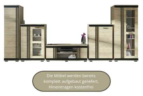 Wohnwand BRINX, Kleiderschrank, Fernseherschrank, Vitrine, Kommode, 5-teilig Neu