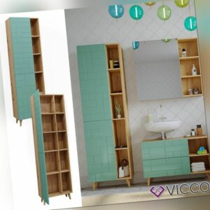 Hochschrank für Badezimmer Rudi 56 x 193 cm, Eiche Evoke Mintgrün Vicco