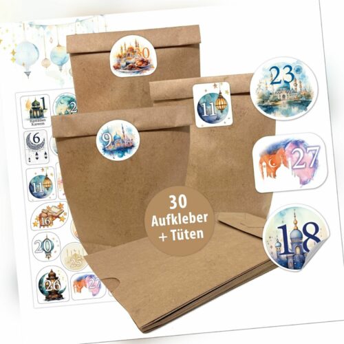 Ramadan Kalender 30 Aufkleber Kraftpapiertüten zum befüllen Eid Mubarak Kareem