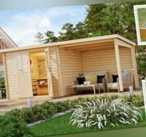 Gartenhaus Holz 28mm mit Anbau Torremolinos A natur inkl. Boden und Dachfolie