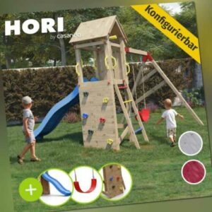 Hori Holz Spielturm Kletterturm Stelzenhaus Farbauswahl Schaukel Rutsche blau