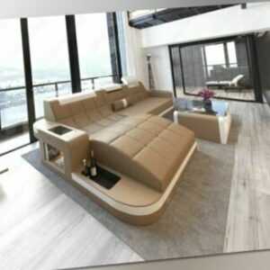 Ledercouch Luxus Sofa WAVE L Form Ecksofa Beige Designersofa LED Couch Ottomane