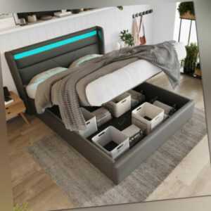 Bett 160x200cm LED Polsterbett Doppelbett mit Bettkasten Stauraum Matratze