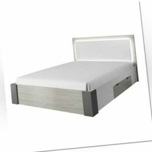 Doppelbett 160x200cm Spanplatte Weiß-Grau Bettkasten LED Beleuchtung