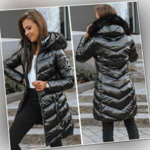 Damen Steppjacke mit Fellkapuze für Winter Halblang Winterjacke DSTREET S M L