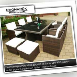 RAGNARÖK POLY-RATTAN GARTENMÖBEL  6+4 BRAUN GARTEN-GARNITUR MÖBEL ALU DINING