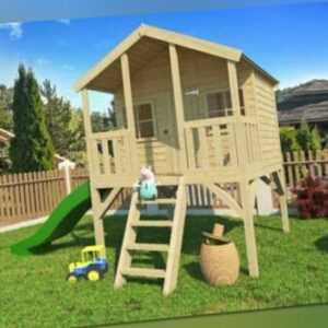 Kinderspielhaus mit Rutsche in grün Holzspielhaus TOBY inkl. Terrasse 182x189 cm