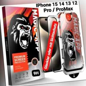 iPhone 12 13 14 15 Pro Max Panzerfolie Schutzglas   Klar/Privacy + Anbringhilfe