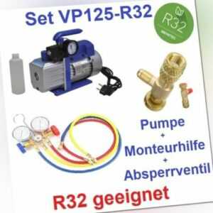 Set: Vakuumpumpe Klimaanlage 70 L/min, R32 geeignet + Monteurhilfe+Absperrventil