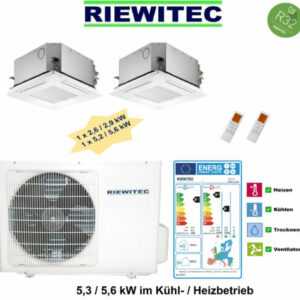 Dual MultiSplit Deckenkassetten 1x2,6 + 1x5,3 kW RIEWITEC Klimaanlage 5,3/5,6 kW