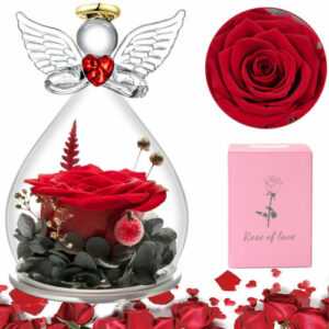Ewige Rose mit Engel Figur,Ewige Blume in Engel Glaskuppel Geschenke für Frauen