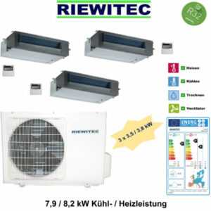 3er MultiSplit Klimaanlage Wärmepumpe Kanaleinbau 3x3,5 kW RIEWITEC 7,9/8,2 kW