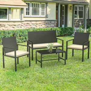 Outdoor 4 Teilig Set Polyrattan Sitzgruppe Gartenmöbelset Garnitur Tisch Sessel