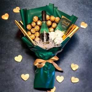 Essbarer Blumenstrauß mit Ferrero Rocher, Lindt Schokolade, Wein