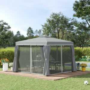 Outsunny Gartenpavillon Pavillon 3x3m mit Doppeldach Moskitonetz Alu Dunkelgrau