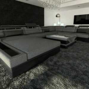 Sofa Wohnlandschaft MEZZO XXL Form Grau Design Modern Couch Ottomane LED Ecksofa