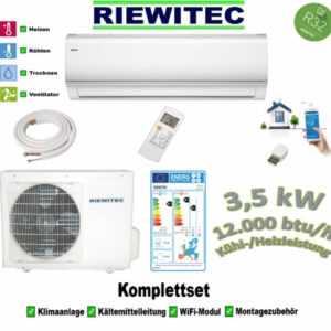 RIEWITEC Split Inverter Klimaanlage 3,5 / 3,8 kW, (12000 / 13000 btu/h), A++ /A+