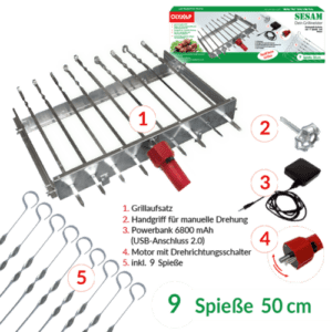 Edelstahl Spießdreher + 9 Spieße Grill Schaschlik Mangal Motor Powerbank USB