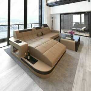 Leder Sofa WAVE L Designer Sofa mit LED Beleuchtung Luxus Relaxliege Sandbeige