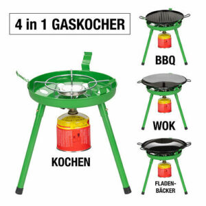 Campingkocher 4in1 Set BBQ Grill Wok Fladenbäcker Tragetasche inkl.4 x 500g Gas