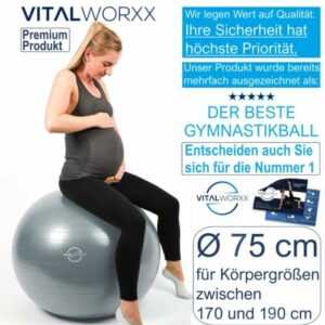 VITALWORXX Gymnastikball für Schwangere Pezziball Yogaball Sitzball 75 cm