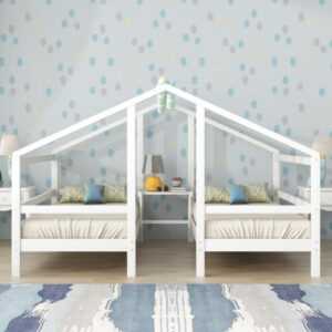 Hausbett Doppel Einzelbett 90x200 cm Kinderbett Gitterbett Mit NachttischWeiß