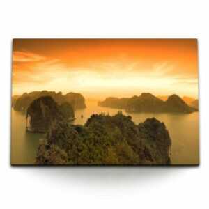 120x80cm Wandbild auf Leinwand Halong Bay Vietnam Sonnenuntergang Felsen Klippen
