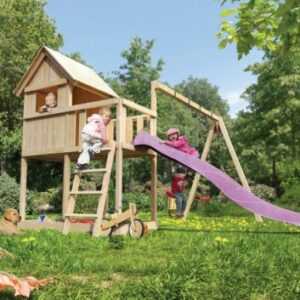 Kinderspielhaus Spielturm Stelzenhaus Rutsche Doppelschaukel Frieda natur Karibu