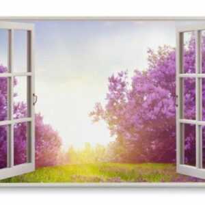 Wandbild 120x80cm Fensterbild Frühling Baumblüte Blüten Violett Natur Sonnenunte