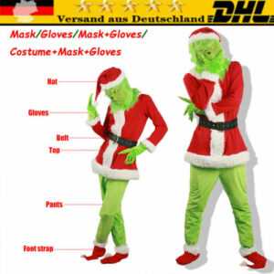 Erwachsene der Grinch Kostüm Xmas Cosplay Männer Weihnachten Santa Kostüm Sets~