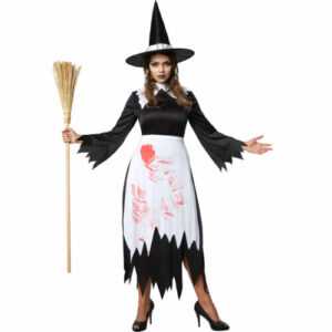Kostüm Damen Hexe mit Hut Fasching Karneval Halloween Witch Kleid Blut Zauberin