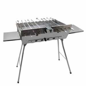 Mangal Khan Edelstahl Schaschlik Grill mit 11er Drehspieß Edelstahlmotor 10 Spie