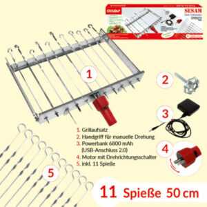 Edelstahl Spießdreher 11 Stück AKKUMOTOR Mangal Grill Drehspieß mit POWERBANK