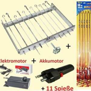 Edelstahl Spießdreher 11 Stück Spieße Drehspieß Mangal Grill Elektromotor + Akku