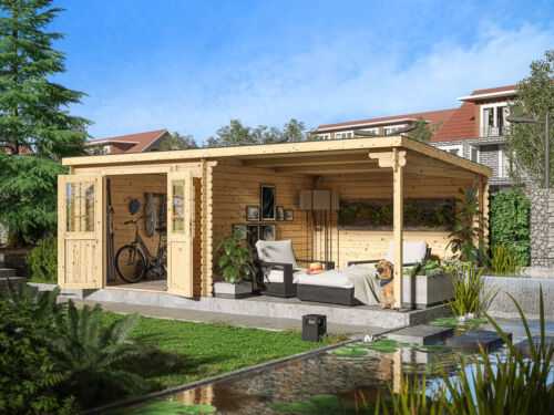 Gartenhaus Blockhaus Gerätehaus CA2977 28mm naturbelassen mit 3m Anbau