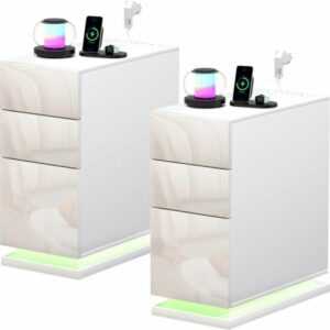 2Ser Set Nachttisch Schmal mit LED Schmaler Kleiner Nachtschrank 3 Schublade