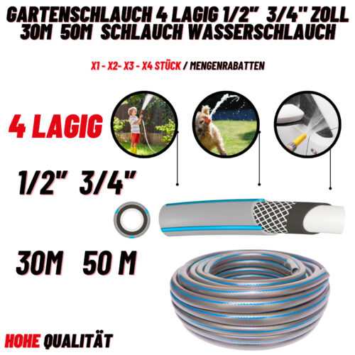 Gartenschlauch 4 lagig 1/2" 3/4'' Zoll 30m 50 m Schlauch Wasserschlauch