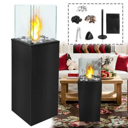 Quadrat Standkamin Gartenkamin Bioethanol Freistehend mit Kopfsteinpflaster Deko