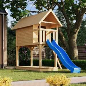 Stelzenhaus Kinderspielhaus Spielturm Gernegroß natur mit Rutsche blau 120x244cm