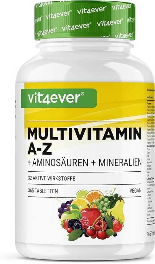 Multivitamin A-Z – 365 vegane Tabletten mit 32 Stoffen – Hochdosiert – 1 Jahr