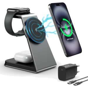 Elegante 3-in-1 Mag-Safe Ladestation für iPhone, Apple Watch & AirPods in Grau