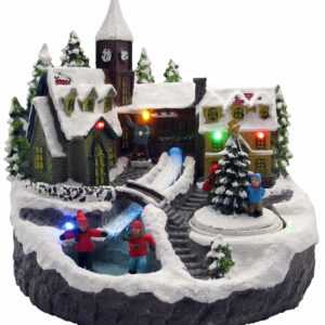 LED Winterdorf mit Tanne, Winter Weihnachts Landschaft Deko Figur beleuchtet