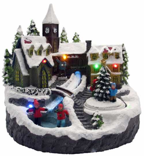 LED Winterdorf mit Tanne, Winter Weihnachts Landschaft Deko Figur beleuchtet