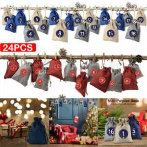 24- Adventskalender zum Befüllen Weihnachten Stoffbeutel Stoffsäckchen Aufkleber