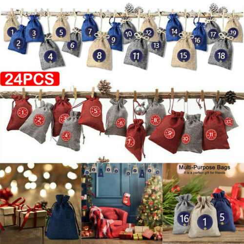 24- Adventskalender zum Befüllen Weihnachten Stoffbeutel Stoffsäckchen Aufkleber