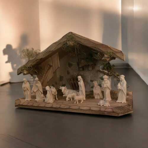 XXL Weihnachtskrippe Holz Almhütte mit 14 Figuren Krippenstall Krippe Deko Set